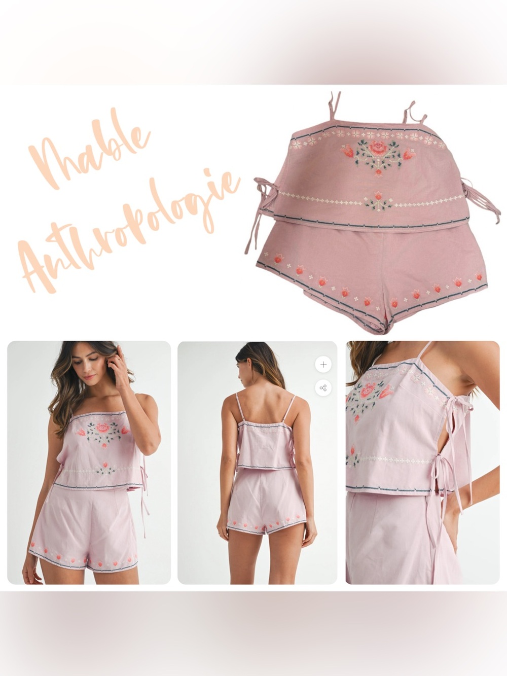 Mable Anthropologie Belrose Embroidered Crop Top & Shorts Set Lt Mauve Medium